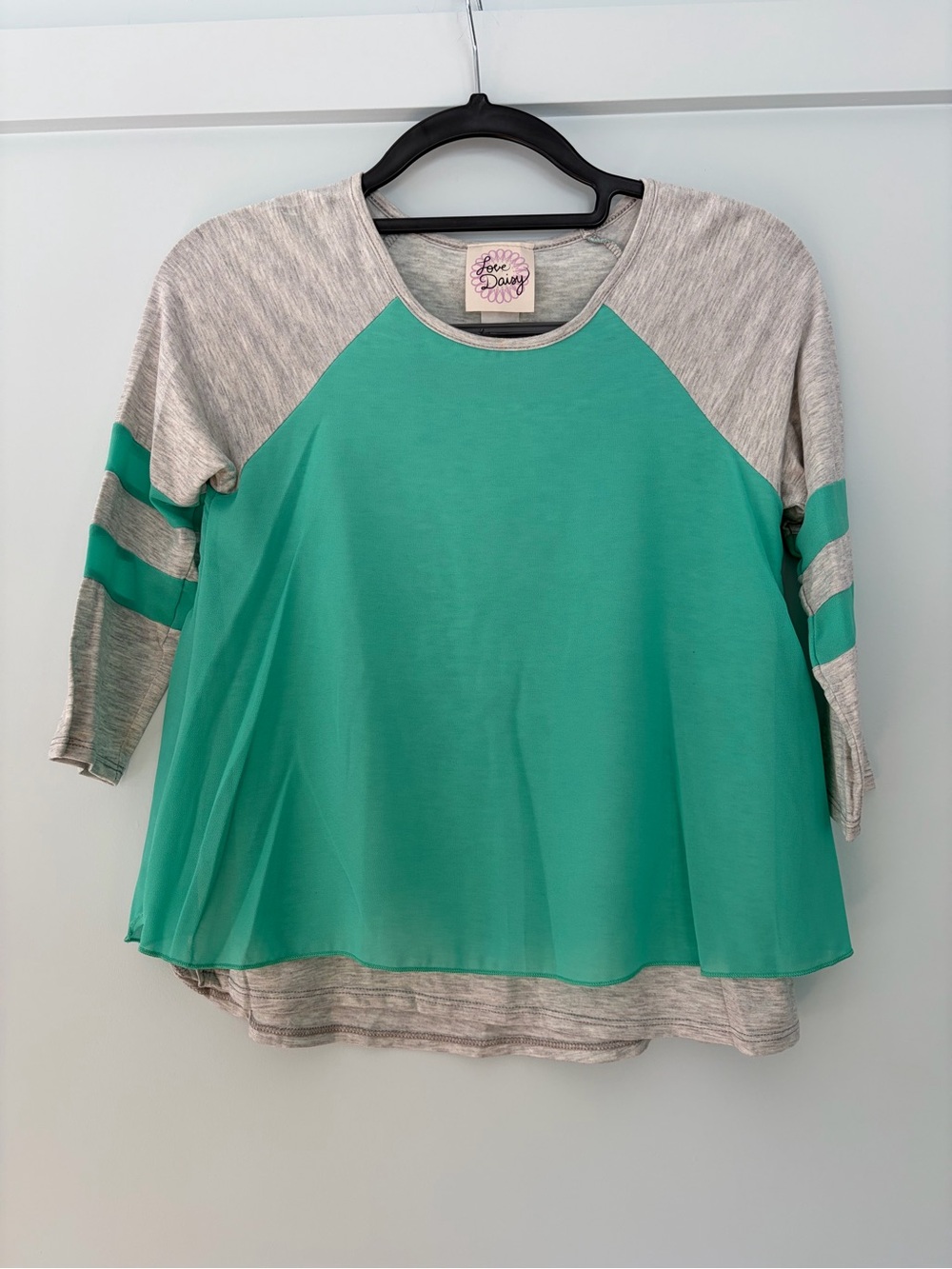 Adonna Teal Chiffon-Front Raglan Top with Heather Gray Sleeves